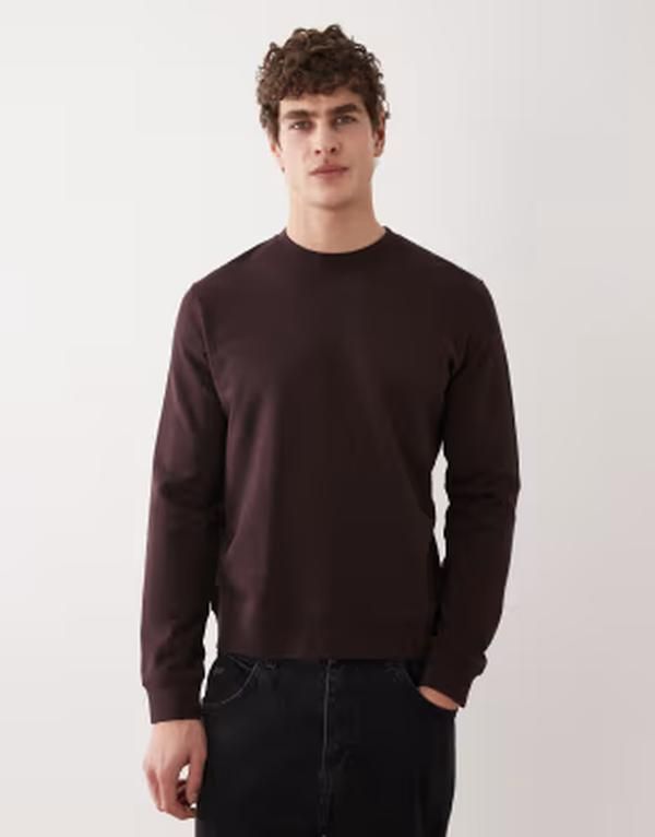 アルケット メンズ アウター パーカー・スウェット クルーネック ミニ シャツ ジャージー ARKET minimal jersey sweatshirt with crew neck BROWN ブ