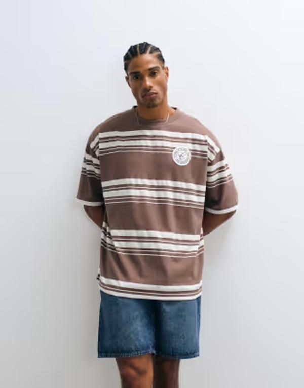 エイソス メンズ トップス Tシャツ ASOS DESIGN heavyweight oversized tshirt stripes COFFEE QUARTZ コーヒー