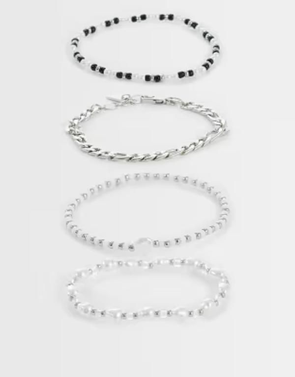 エイソス メンズ アクセサリー ブレスレット・バングル・アンクレット ASOS DESIGN 4 pack pearl black stone and chain bracelet SILVER シル