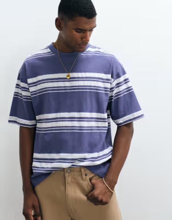 エイソス メンズ トップス Tシャツ ASOS DESIGN heavyweight oversized striped Tshirt and Blue white ホワイト