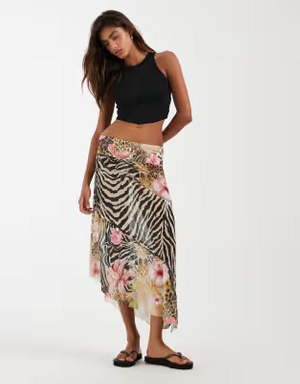 ハウスオブサニー レディース ボトムスカート フラワー柄 プリント メッシュ フラワー House of Sunny tropical mesh skirt in zebra floral print