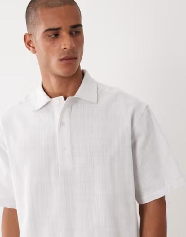 エイソス メンズ トップス シャツ リネン ASOS DESIGN boxy linen look rugby top WHITE ホワイト