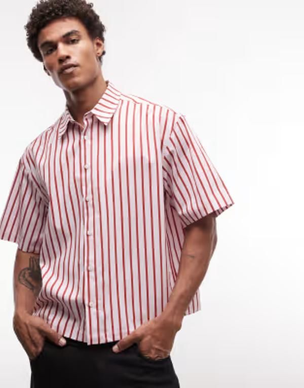 エイソス メンズ トップス シャツ ASOS DESIGN boxy oversized striped shirt PINK ピンク