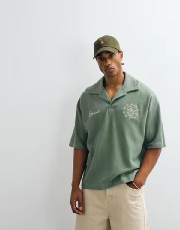エイソス メンズ トップス ポロシャツ グラフィック ASOS DESIGN heavyweight boxy oversized polo with chest graphics waffle Se