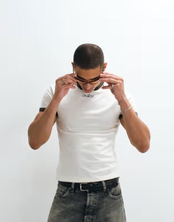 エイソス メンズ トップス Tシャツ グラフィック ASOS DESIGN slim ringer Tshirt with ceu graphic in cream Coconut milk クリーム