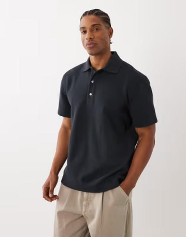 アルケット メンズ トップス Tシャツ ポロシャツ コットン ニット ARKET cotton rich short sleeve waffle knit polo shirt in off Blac
