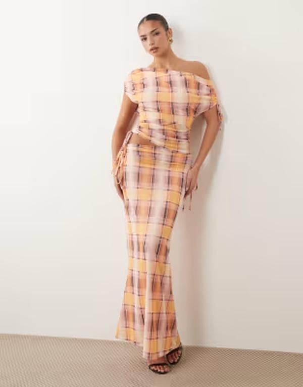 エイソス レディース ボトムスカート フラワー柄 プリント ギャザー メッシュ マキシ フラワー ASOS DESIGN printed mesh ruched maxi skirt in butte