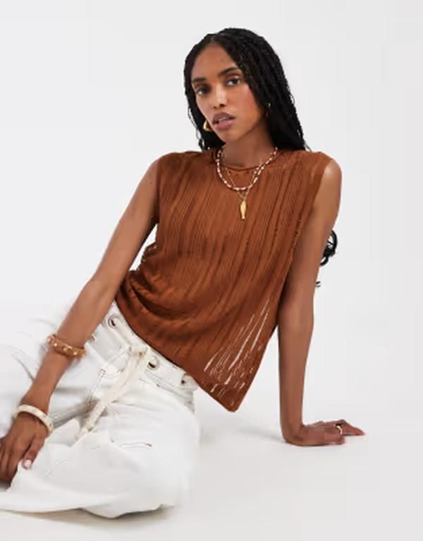 エイソス レディース トップス タンクトップ シアー ニット ASOS DESIGN ladder sheer knitank top in rust ラスト