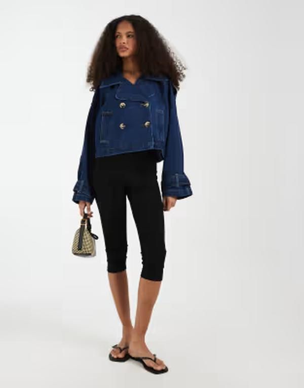 ヴェロモーダ レディース アウター コート クロップド デニム Vero Moda double breasted cropped trench coat in dark blue denim Dar