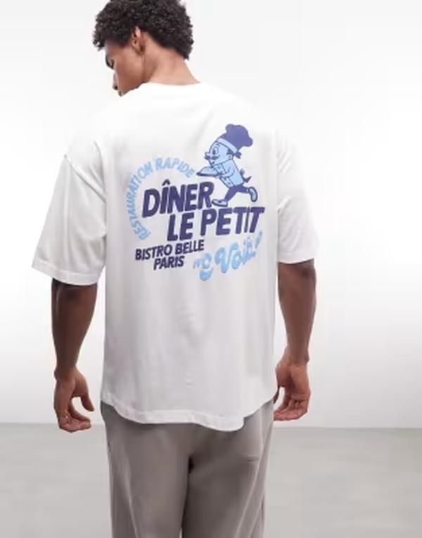 エイソス メンズ トップス Tシャツ プリント グラフィック ASOS DESIGN oversized Tshirt with Diner puff print graphic WHITE ホワイト