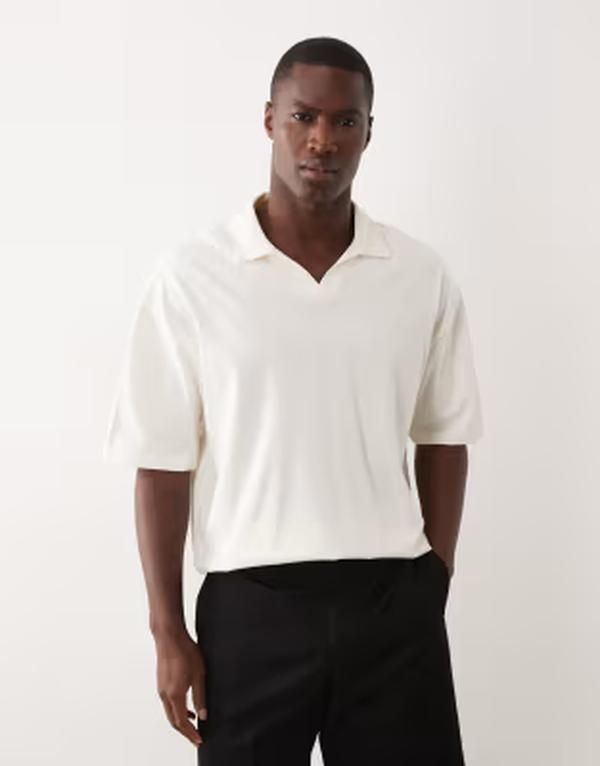 エイソス メンズ トップス ポロシャツ ASOS DESIGN heavyweight oversized notch polo in cream Coconut milk クリーム