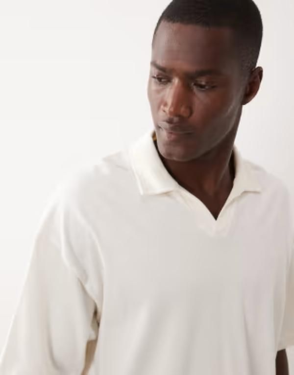 エイソス メンズ トップス ポロシャツ ASOS DESIGN heavyweight oversized notch polo in cream Coconut milk クリーム