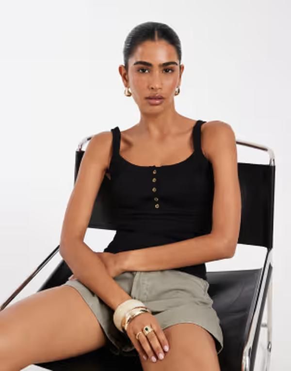 エイソス レディース トップス ベスト ASOS DESIGN seamlessquare neck cami with button detail Black ブラック