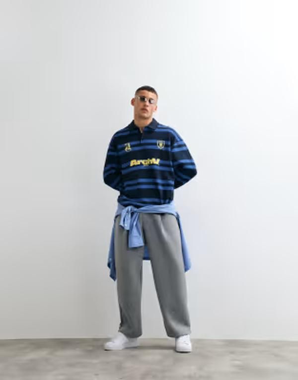 エイソス メンズ アウター パーカー・スウェット ポロシャツ グラフィック ASOS DESIGN oversized rugby polo stripe sweatshirt with graphi