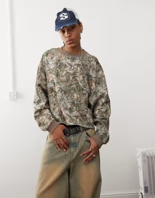 コルージョン メンズ アウター パーカー・スウェット プリント シャツ COLLUSION Boxy sweatshirt camo multi print Multi マルチカラー