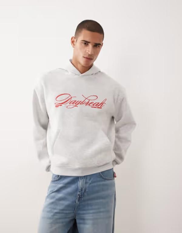 エイソス メンズ アウター パーカー・スウェット プリント ASOS DESIGN oversized boxy hoodie with embroidery print Ice Marl マール