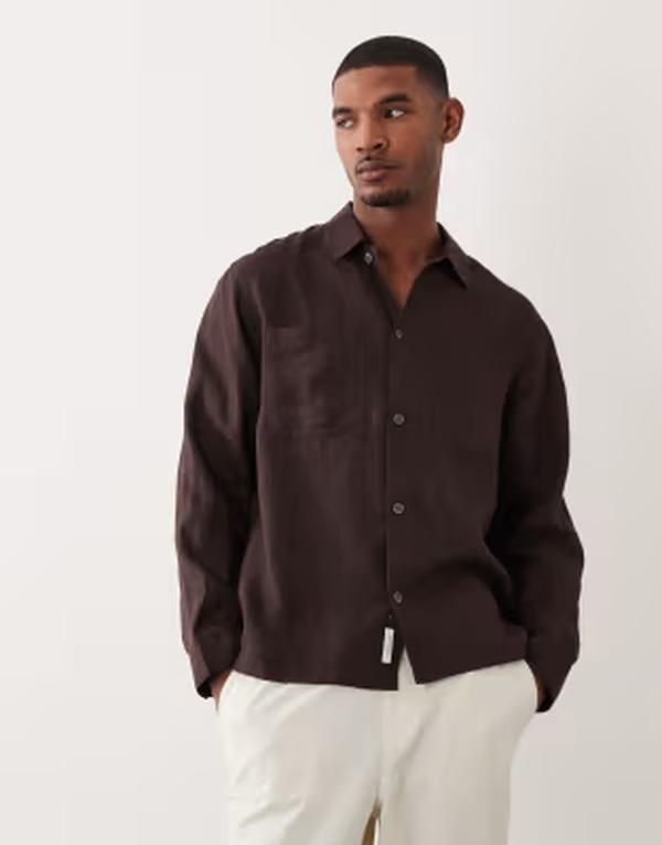 アルケット メンズ トップス シャツ リネン ARKET long sleeve linen look shirt in dark brown ブラウン