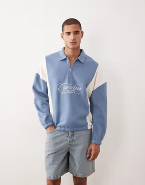 エイソス メンズ アウター パーカー・スウェット ハーフジップリント シャツ 刺繍 ASOS DESIGN relaxed half zip sweatshirt with cut sew panel
