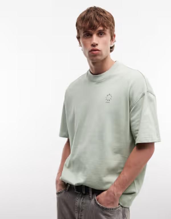 オールセインツ メンズ トップス Tシャツ 刺繍 ロゴ AllSaints Haven small embroide red chest logo Tshirt in light Celadon gr
