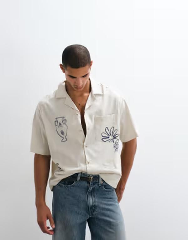 エイソス メンズ トップス シャツ プリント ASOS DESIGN boxy oversized shirt with summer print WHITE ホワイト
