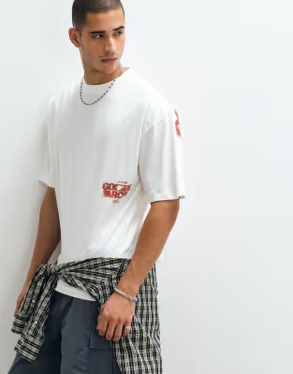 エイソス メンズ トップス Tシャツ グラフィック ASOS DESIGN oversized Tshirt with large text graphic in cream Coconut milk