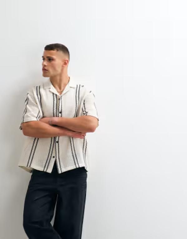 エイソス メンズ トップス シャツ ASOS DESIGN oversized camp collar crocheted shirt in cream stripes CREAM クリーム