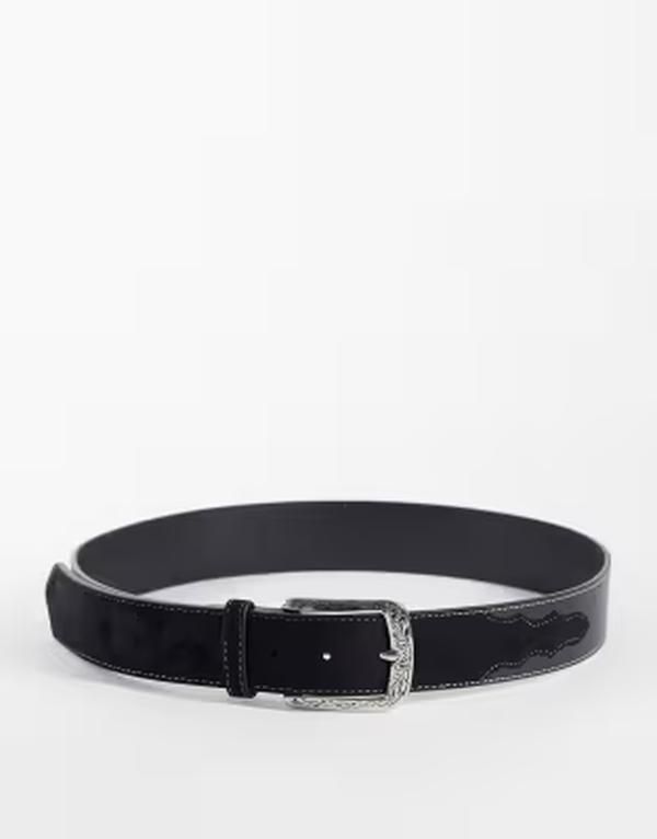 エイソス メンズ アクセサリー ベルト スエード レザー フェイクレザー ASOS DESIGN suedette inlay faux leather belt with silver wester