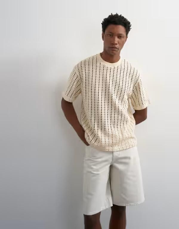 トップマン メンズ トップス Tシャツ リラックスフィット Topman relaxed fit crochetshirt in ecru エクリュ