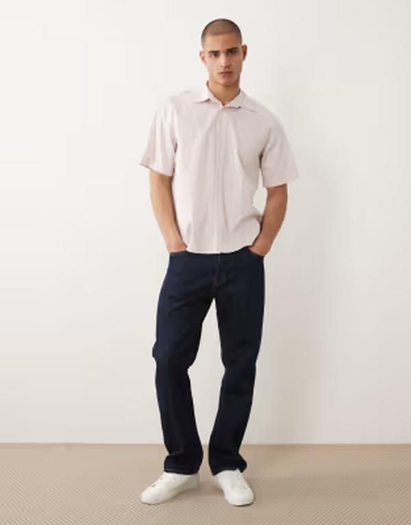 セレクティッド メンズ トップス シャツ Selected short sleeve poplin shirt in light blue stripes Pale dogwood ブルー