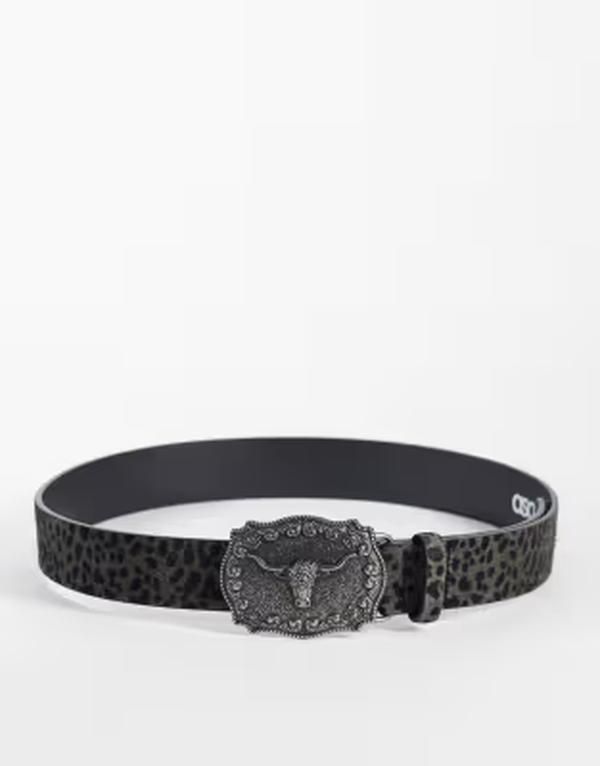 エイソス メンズ アクセサリー ベルト ASOS DESIGN leopard cowhide hair western belt with silverams head buckle ineutra