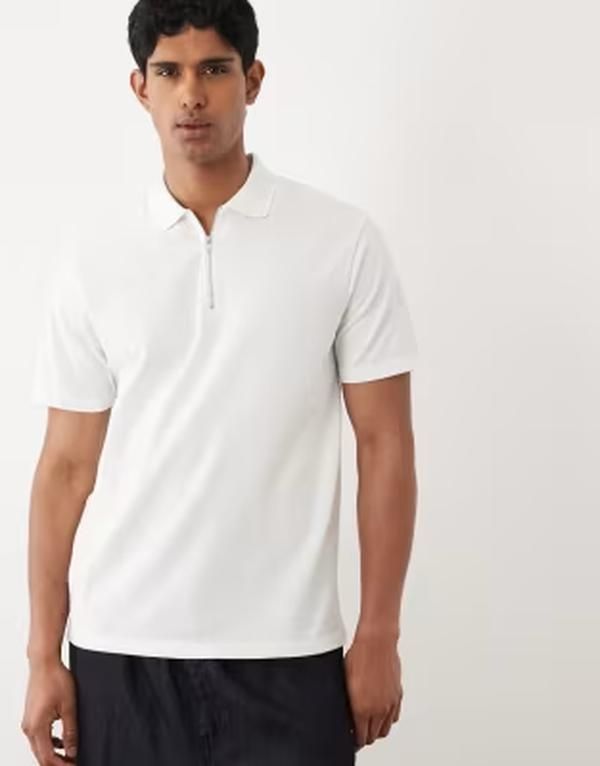エイソス メンズ トップス ポロシャツ レギュラーフィット ASOS DESIGN regular fit polo with zipper pique WHITE ホワイト
