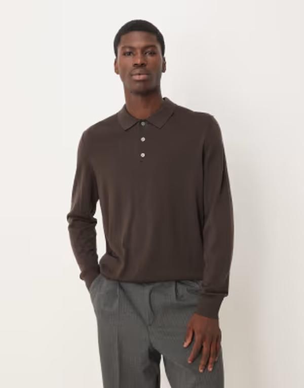 アルケット メンズ トップス ポロシャツ ウール ニット ARKET merino wool knit long sleeve polo shirt BROWN ブラウン