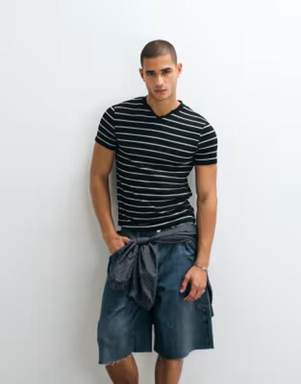 エイソス メンズ トップス Tシャツ ASOS DESIGN textu red fabric slim tshirt stripes Black stripe ブラック