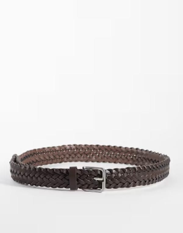 エイソス メンズ アクセサリー ベルト レザー フェイクレザー ASOS DESIGN faux leather woven belt with brushed silver buckle BROWN