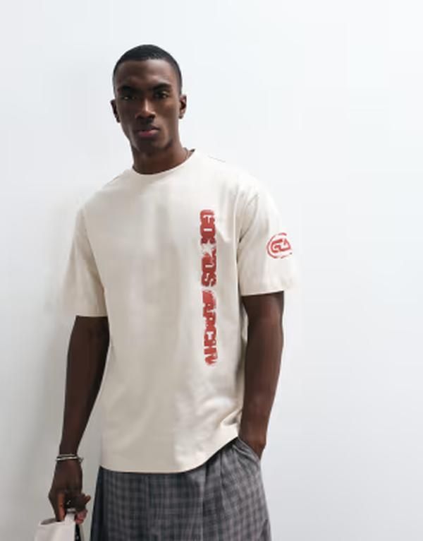エイソス メンズ トップス Tシャツ グラフィック ASOS DESIGN relaxed Tshirt with text graphic Rainy day ベージュ