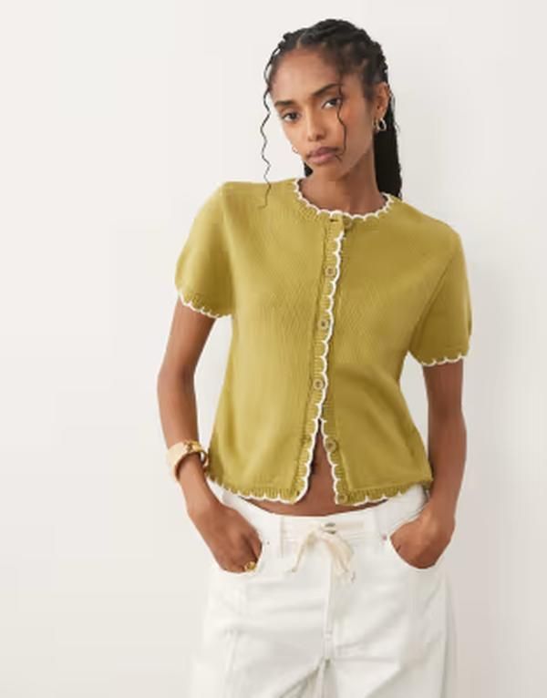 ミスセルフフリッジ レディース アウター カーディガン ニット Misselfridge short sleeve knit blanket stitch cardigan GREEN グリーン