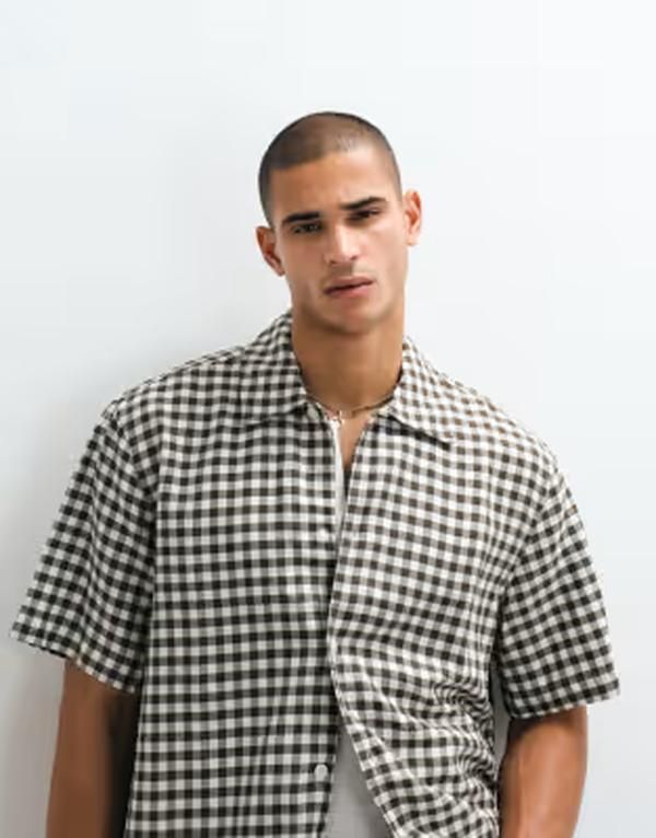 セレクティッド メンズ トップス シャツ リネン Selected linen blend short sleeve shirt plaid Turkish coffee コーヒー
