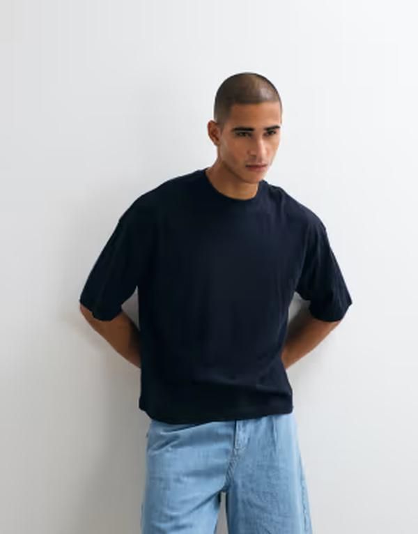 エイソス メンズ トップス Tシャツ リネン ASOS DESIGN boxy oversized Tshirt with linen Sky captain ネイビー