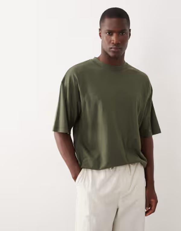 エイソス メンズ トップス Tシャツ リネン ASOS DESIGN oversized tshirt in dark green with linen Beetle グリーン
