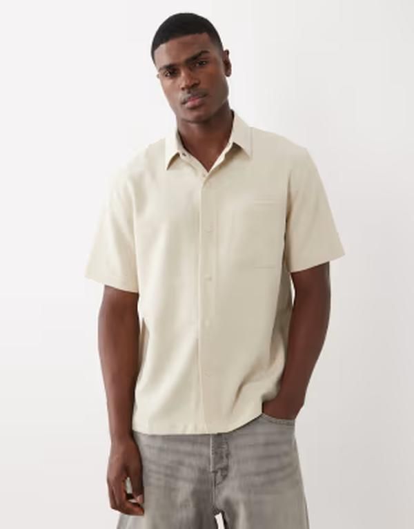 エイソス メンズ トップス シャツ ASOS DESIGN smart relaxed shirt with snaps BEIGE ベージュ