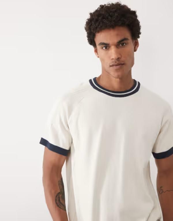 エイソス メンズ トップス Tシャツ ニット ASOS DESIGN relaxed knitshirt with navy tipping in creamulti マルチカラー 11,765円