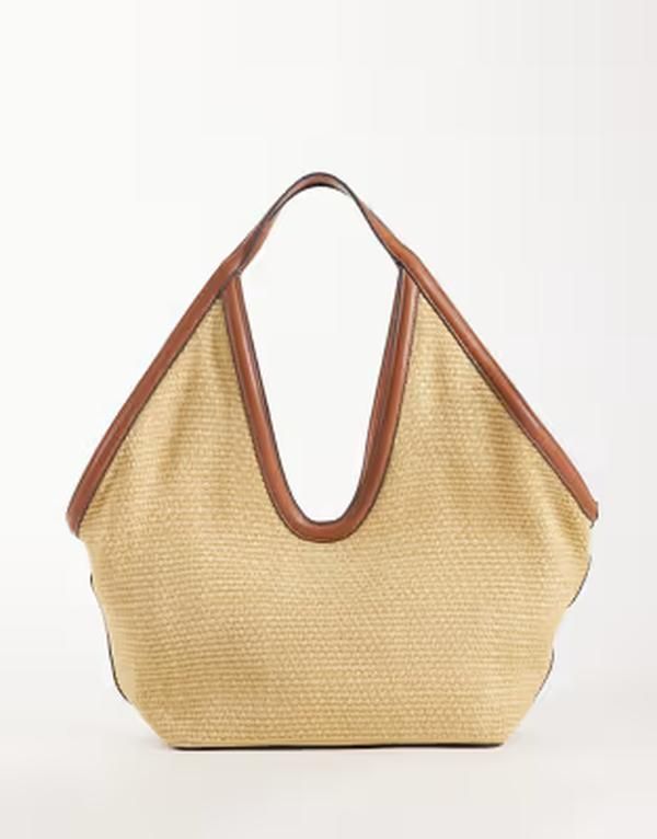 マンゴ レディース バッグ Mango woven shoulder bag with brown trim BROWN ブラウン