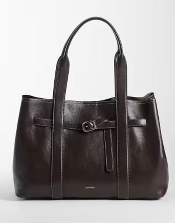 カルバンクライン レディース バッグ Calvin Klein buckle tote in chocolate brown ブラウン
