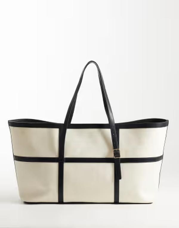 アンドアザーストーリーズ レディース バッグ コットン レザー Other Stories pure leather large cotton canvas tote shoulder bag WHI