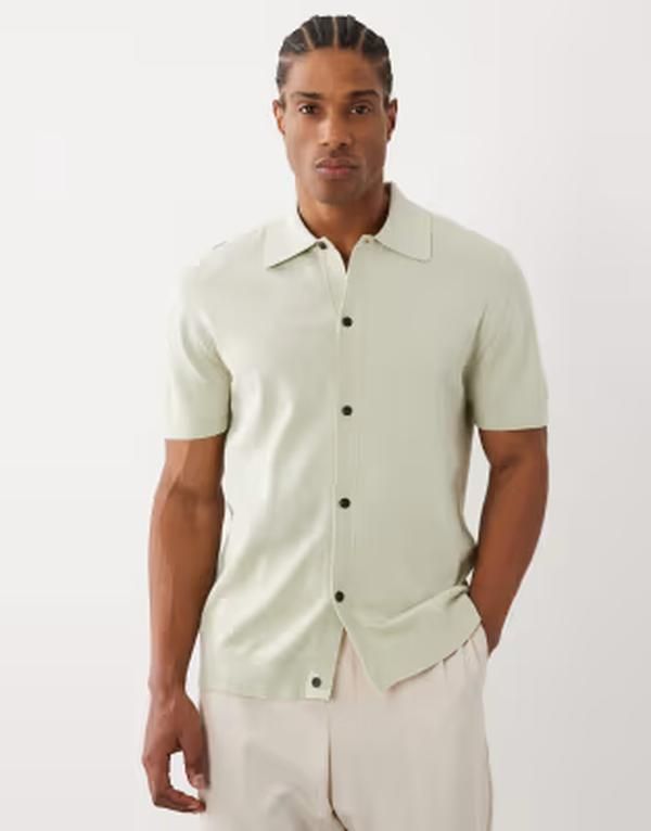 ファーラー メンズ トップス ポロシャツ ニット ロゴ Farah Poplar short sleeve knit logo polo shirt in light GREEN グリーン
