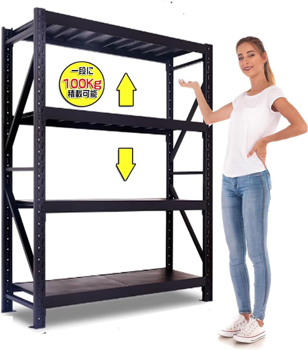 スチールラック 棚 ラック 棚 倉庫 耐荷重 200kg/段 (天地4段) メタル 業務用 ガレージ 棚 大型 物置 引っ越し スコップ 収納 シェルフ 棚 ハンガー 大容量 (ブラック, 幅120cmx奥行40cmx高さ180cm)ｍａ