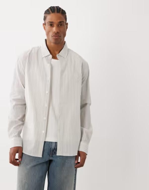 ファーラー メンズ トップス シャツ ロゴ Farah Stanford long sleeve lightweight striped logo shirt in dark stonewhite S