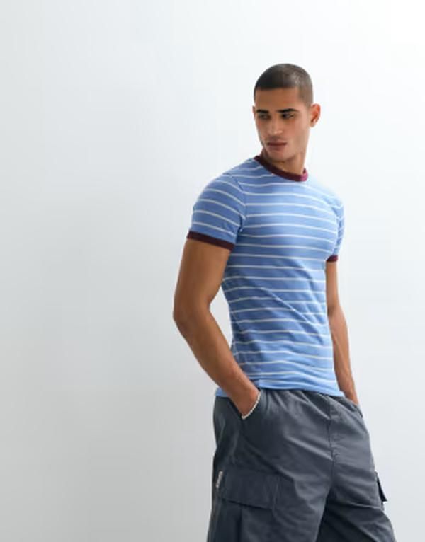 エイソス メンズ トップス Tシャツ スリムフィット ASOS DESIGN textu red fabric slim fit ringer tshirt stripes Blue stripe ブ