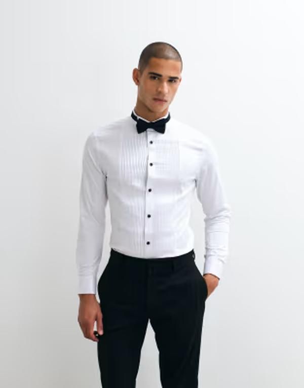 エイソス メンズ トップス シャツ スリムフィット ASOS DESIGN slim fit sateen shirt with bib detail and wing collar WHITE ホワ