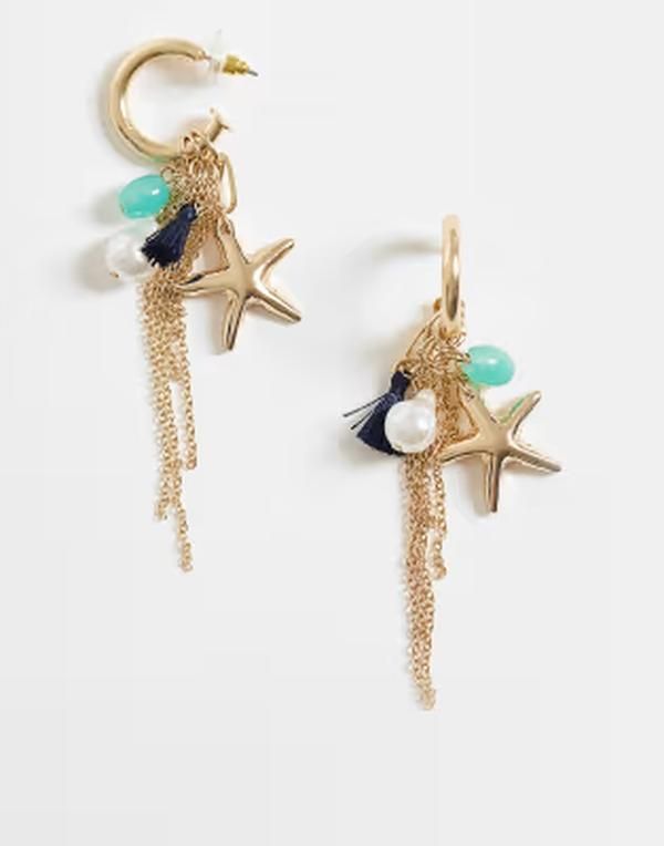 エイソス レディース アクセサリー ピアス・イヤリング ASOS DESIGN small hoop earrings with tassels and sealife charms tone GOL